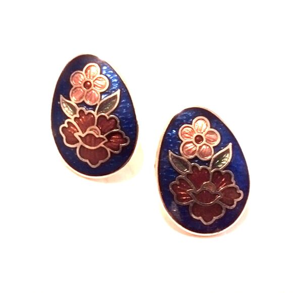 Vintage Jewelry - Vintage Purple Floral Cloisonne Stud Earrings